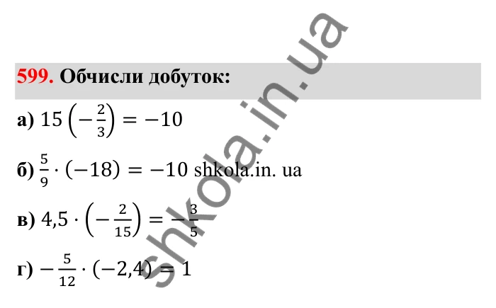 Відповідь до завдання 599 (с. 99) з математики для 6 класу (Бевз, 2023), частина 2: Множення раціональних чисел