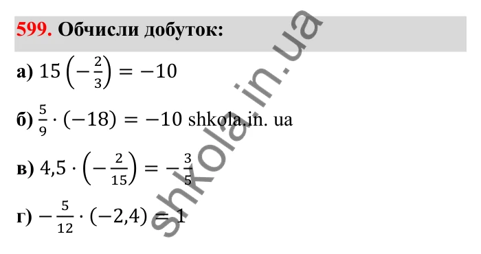 Завдання 599 Відповідь до завдання 599 (с. 99) з математики для 6 класу (Бевз, 2023), частина 2: Множення раціональних чисел