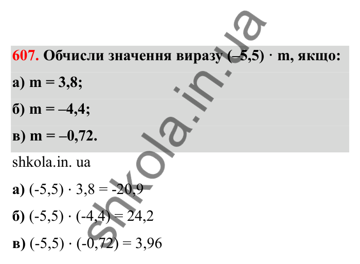 Відповідь до завдання 607 (с. 100) з математики для 6 класу (Бевз, 2023), частина 2: Множення раціональних чисел