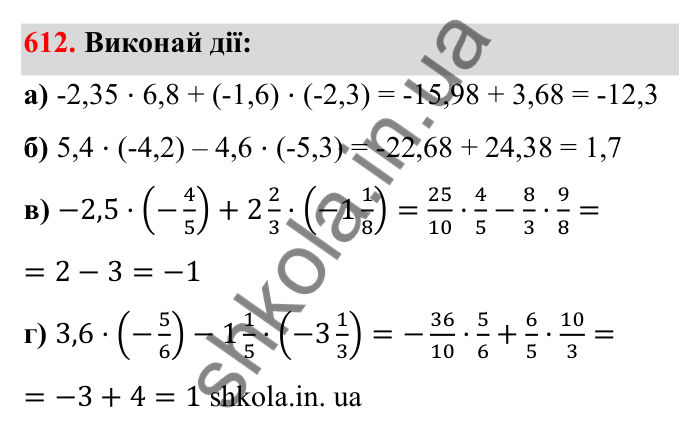 Завдання 612 Відповідь до завдання 612 (с. 100) з математики для 6 класу (Бевз, 2023), частина 2: Множення раціональних чисел