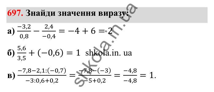 Завдання 697 Відповідь до завдання 697 (с. 111) з математики для 6 класу (Бевз, 2023), частина 2: Ділення раціональних чисел