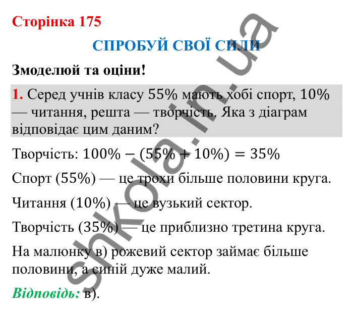 Відповідь до завдання 1 (с. 175) з математики для 6 класу (Бевз, 2023), частина 2: Спробуй свої сили. Змоделюй та оціни