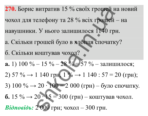 Відповідь до завдання 270 (с. 113) з математики для 6 класу (Біос, 2023), частина 1: Розділ 5. Відсотки