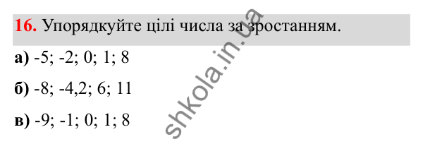 Відповідь до завдання 16 (с. 12) з математики для 6 класу (Біос, 2023), частина 2: Розділ 9. Цілі числа та дії над ними