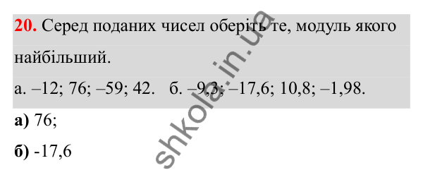 Відповідь до завдання 20 (с. 14) з математики для 6 класу (Біос, 2023), частина 2: Розділ 9. Цілі числа та дії над ними
