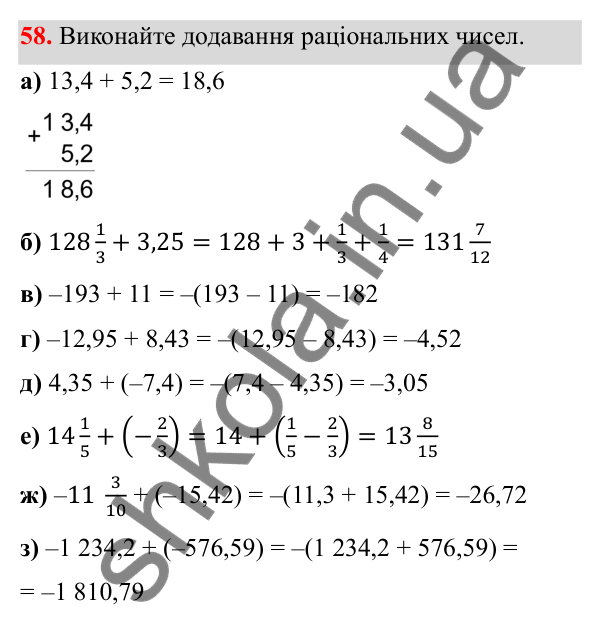 Відповідь до завдання 58 (с. 35) з математики для 6 класу (Біос, 2023), частина 2: Розділ 10. Раціональні числа та дії над ними