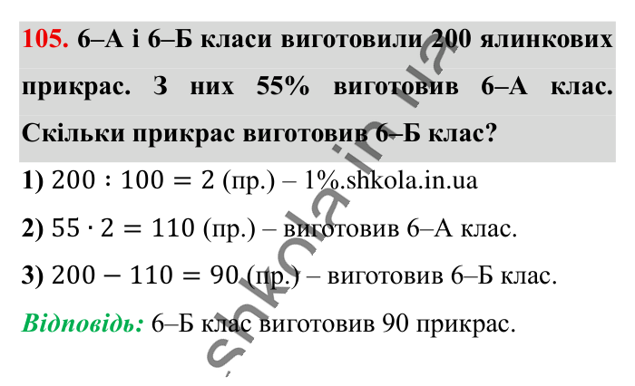 Відсотки. Знаходження..., завдання 105 Відповідь до завдання 105 (с. 20) з математики для 6 класу (Істер, 2023), частина 1: § 1. Відсотки. Знаходження відсотків від числа