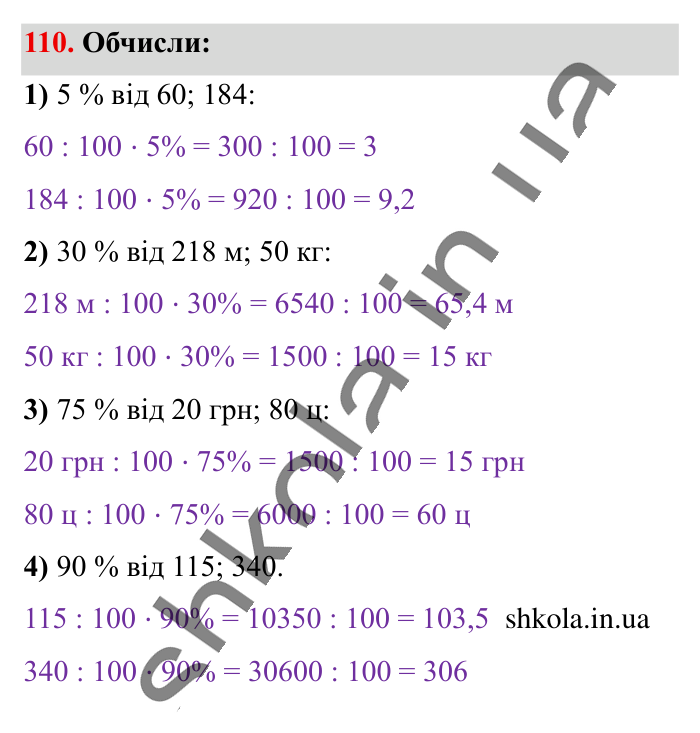 Відсотки. Знаходження..., завдання 110 Відповідь до завдання 110 (с. 21) з математики для 6 класу (Істер, 2023), частина 1: § 1. Відсотки. Знаходження відсотків від числа