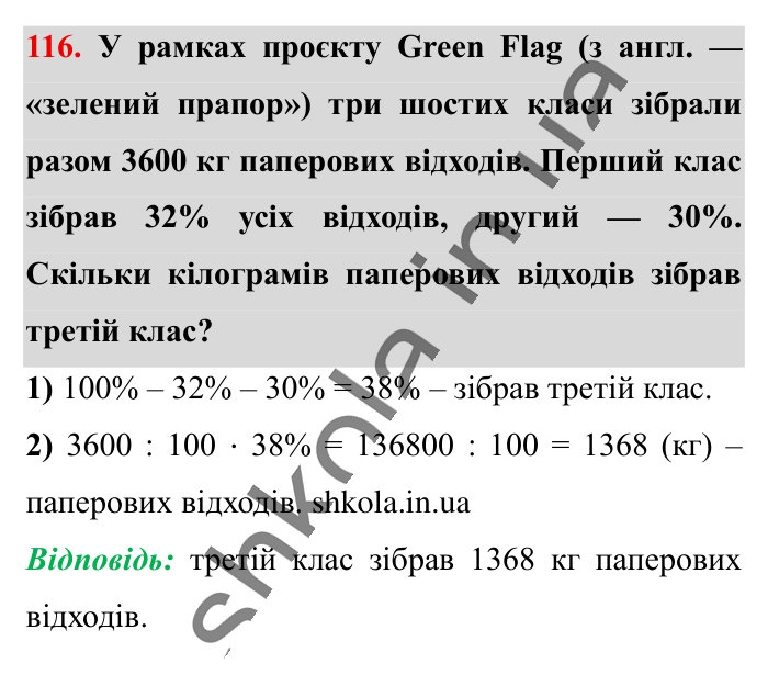 Відсотки. Знаходження..., завдання 116 Відповідь до завдання 116 (с. 22) з математики для 6 класу (Істер, 2023), частина 1: § 1. Відсотки. Знаходження відсотків від числа