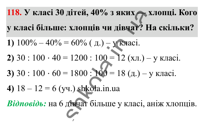 Відсотки. Знаходження..., завдання 118 Відповідь до завдання 118 (с. 22) з математики для 6 класу (Істер, 2023), частина 1: § 1. Відсотки. Знаходження відсотків від числа