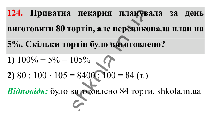 Відсотки. Знаходження..., завдання 124 Відповідь до завдання 124 (с. 22) з математики для 6 класу (Істер, 2023), частина 1: § 1. Відсотки. Знаходження відсотків від числа