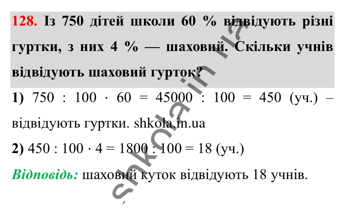 Відсотки. Знаходження..., завдання 128 Відповідь до завдання 128 (с. 23) з математики для 6 класу (Істер, 2023), частина 1: § 1. Відсотки. Знаходження відсотків від числа