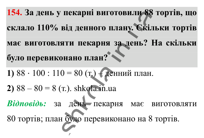 Знаходження числа..., завдання 154 Відповідь до завдання 154 (с. 26) з математики для 6 класу (Істер, 2023), частина 1: § 2. Знаходження числа за значенням його відсотків
