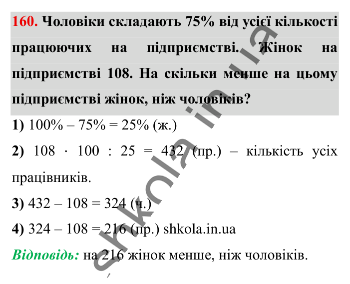 Знаходження числа..., завдання 160 Відповідь до завдання 160 (с. 27) з математики для 6 класу (Істер, 2023), частина 1: § 2. Знаходження числа за значенням його відсотків