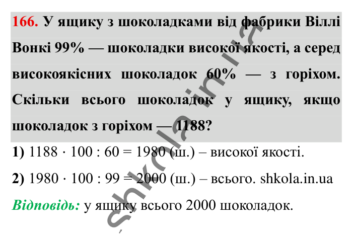 Знаходження числа..., завдання 166 Відповідь до завдання 166 (с. 27) з математики для 6 класу (Істер, 2023), частина 1: § 2. Знаходження числа за значенням його відсотків