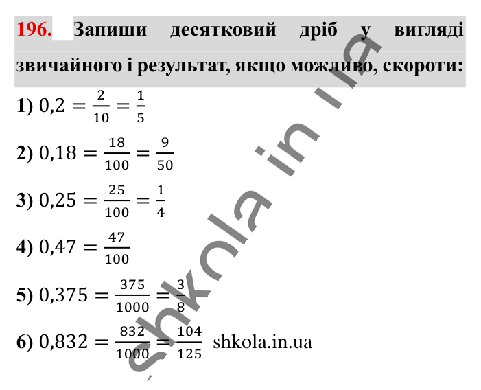 Основна властивість дробу..., завдання 196 Відповідь до завдання 196 (с. 36) з математики для 6 класу (Істер, 2023), частина 1: § 3. Основна властивість дробу. Скорочення дробів. Зведення...