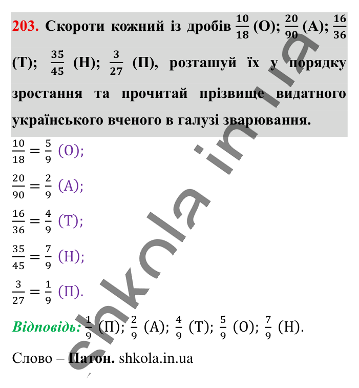 Основна властивість дробу..., завдання 203 Відповідь до завдання 203 (с. 37) з математики для 6 класу (Істер, 2023), частина 1: § 3. Основна властивість дробу. Скорочення дробів. Зведення...