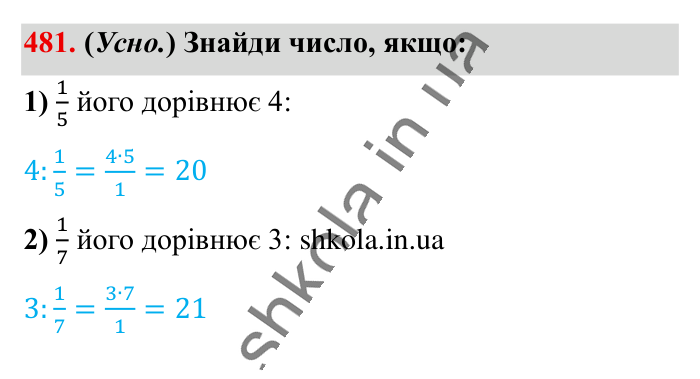 Знаходження числа..., завдання 481 Відповідь до завдання 481 (с. 99) з математики для 6 класу (Істер, 2023), частина 1: § 13. Знаходження числа за значенням його дробу