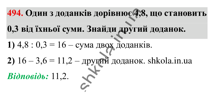 Знаходження числа..., завдання 494 Відповідь до завдання 494 (с. 101) з математики для 6 класу (Істер, 2023), частина 1: § 13. Знаходження числа за значенням його дробу