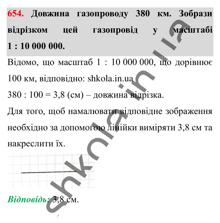 Масштаб. Знаходження..., завдання 654 Відповідь до завдання 654 (с. 146) з математики для 6 класу (Істер, 2023), частина 1: § 18. Масштаб. Знаходження відстаней на карті