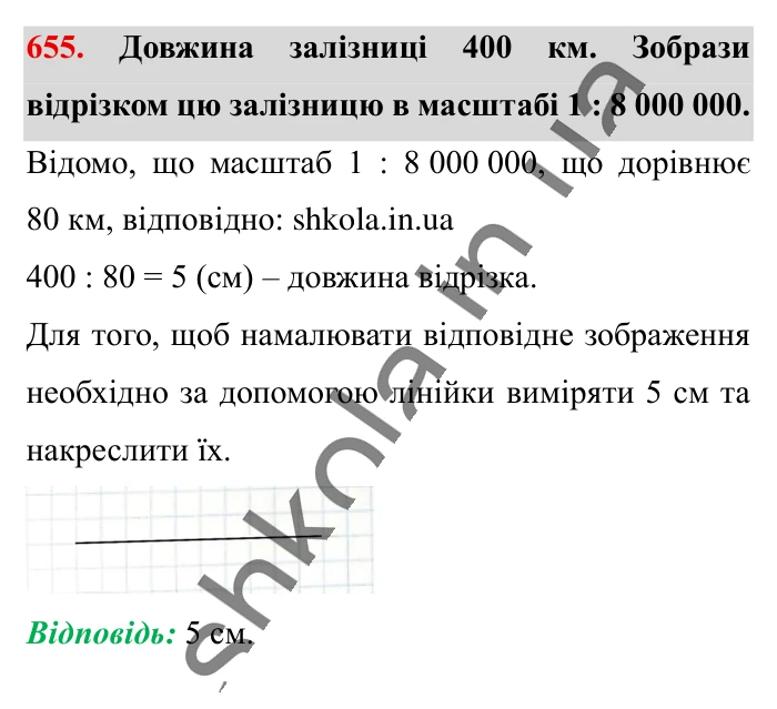 Масштаб. Знаходження..., завдання 655 Відповідь до завдання 655 (с. 146) з математики для 6 класу (Істер, 2023), частина 1: § 18. Масштаб. Знаходження відстаней на карті
