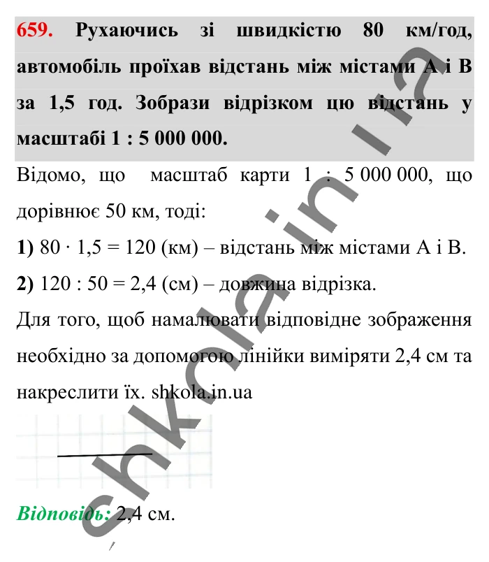Масштаб. Знаходження..., завдання 659 Відповідь до завдання 659 (с. 147) з математики для 6 класу (Істер, 2023), частина 1: § 18. Масштаб. Знаходження відстаней на карті