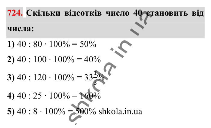 Відсоткове відношення двох..., завдання 724 Відповідь до завдання 724 (с. 163) з математики для 6 класу (Істер, 2023), частина 1: § 21. Відсоткове відношення двох чисел. Зміна величини у...