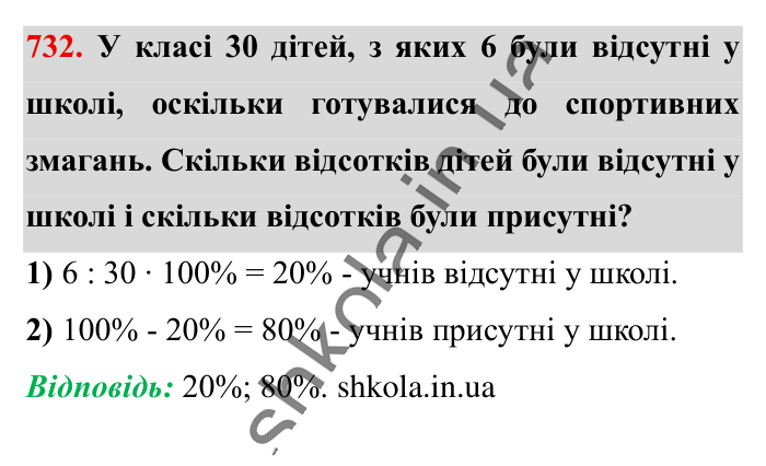 Відсоткове відношення двох..., завдання 732 Відповідь до завдання 732 (с. 164) з математики для 6 класу (Істер, 2023), частина 1: § 21. Відсоткове відношення двох чисел. Зміна величини у...