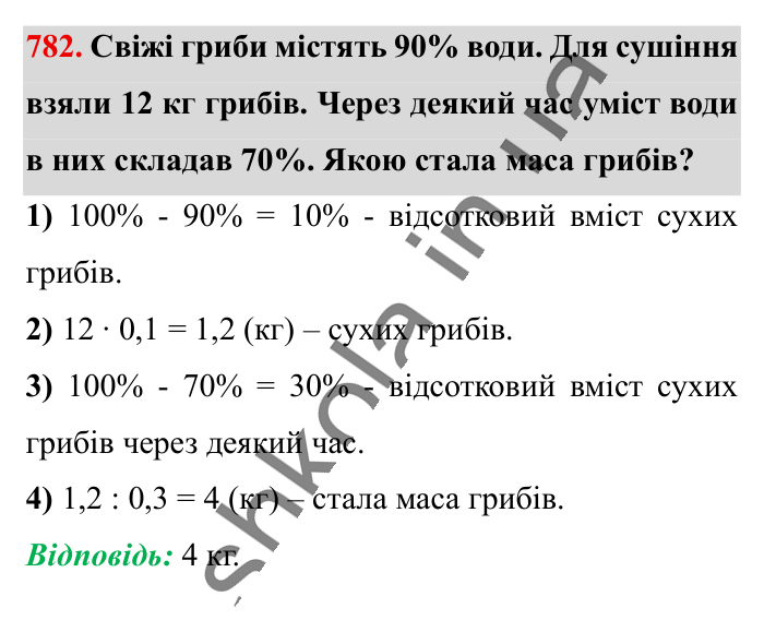 Відсоткові розрахунки, завдання 782 Відповідь до завдання 782 (с. 171) з математики для 6 класу (Істер, 2023), частина 1: § 22. Відсоткові розрахунки