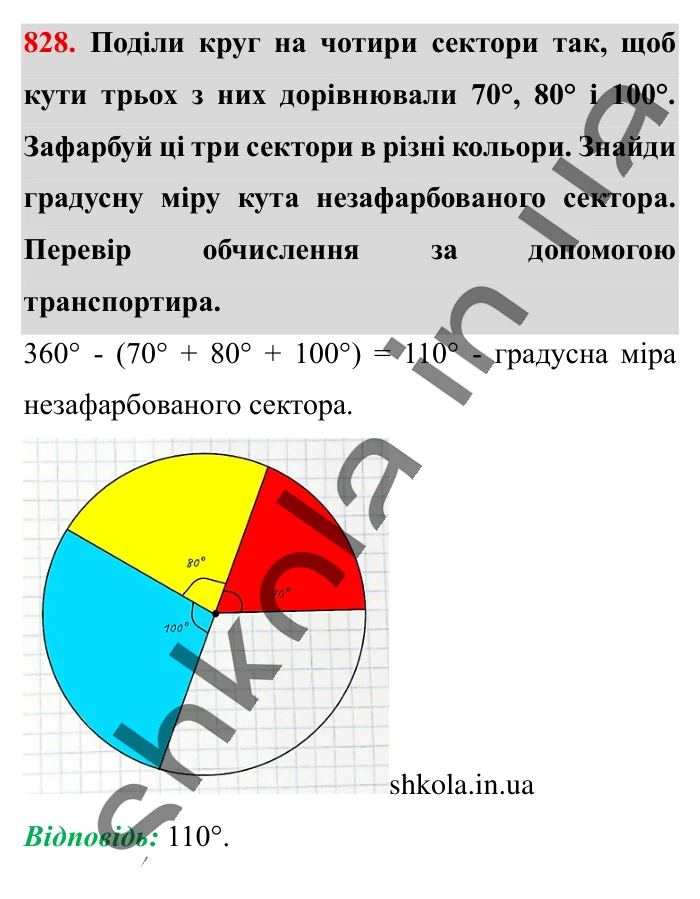 Круг. Площа круга. Круговий сектор, завдання 828 Відповідь до завдання 828 (с. 180) з математики для 6 класу (Істер, 2023), частина 1: § 24. Круг. Площа круга. Круговий сектор