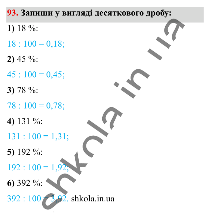 Відсотки. Знаходження..., завдання 93 Відповідь до завдання 93 (с. 19) з математики для 6 класу (Істер, 2023), частина 1: § 1. Відсотки. Знаходження відсотків від числа