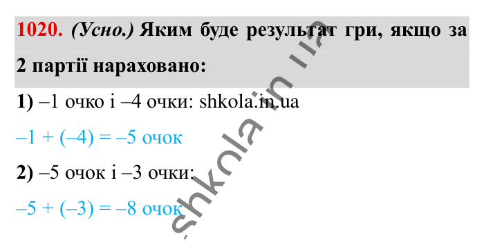 Відповідь до завдання 1020 (с. 33) з математики для 6 класу (Істер, 2023), частина 2: § 31. Додавання від’ємних чисел