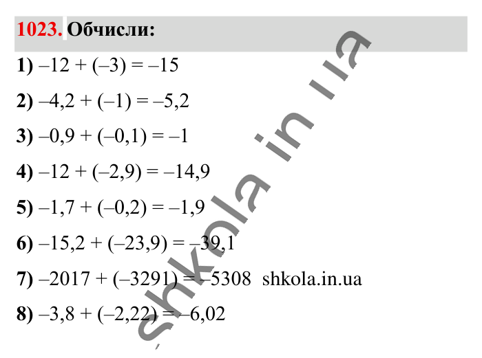 Відповідь до завдання 1023 (с. 33) з математики для 6 класу (Істер, 2023), частина 2: § 31. Додавання від’ємних чисел