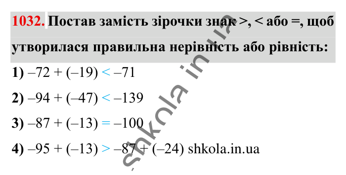 Відповідь до завдання 1032 (с. 35) з математики для 6 класу (Істер, 2023), частина 2: § 31. Додавання від’ємних чисел