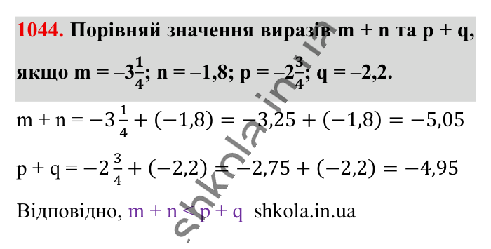 Відповідь до завдання 1044 (с. 36) з математики для 6 класу (Істер, 2023), частина 2: § 31. Додавання від’ємних чисел