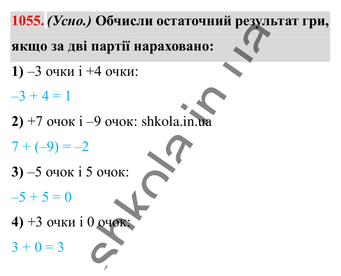 Відповідь до завдання 1055 (с. 39) з математики для 6 класу (Істер, 2023), частина 2: § 32. Додавання двох чисел з різними знаками