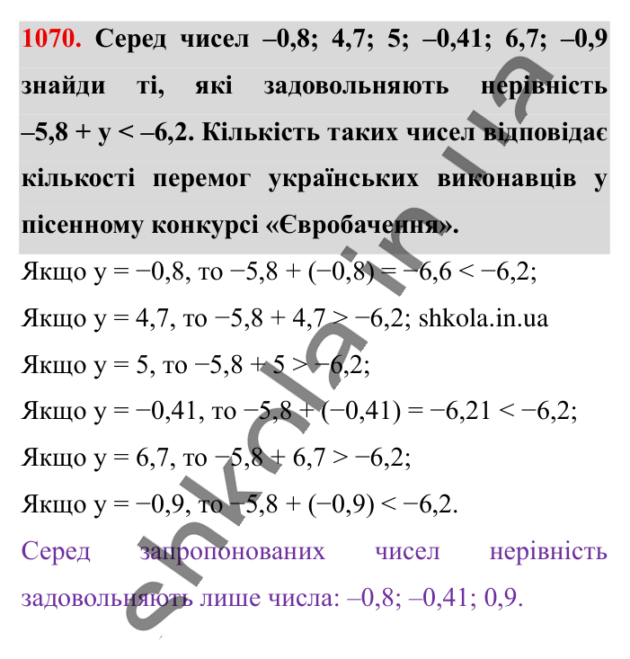 Відповідь до завдання 1070 (с. 41) з математики для 6 класу (Істер, 2023), частина 2: § 32. Додавання двох чисел з різними знаками
