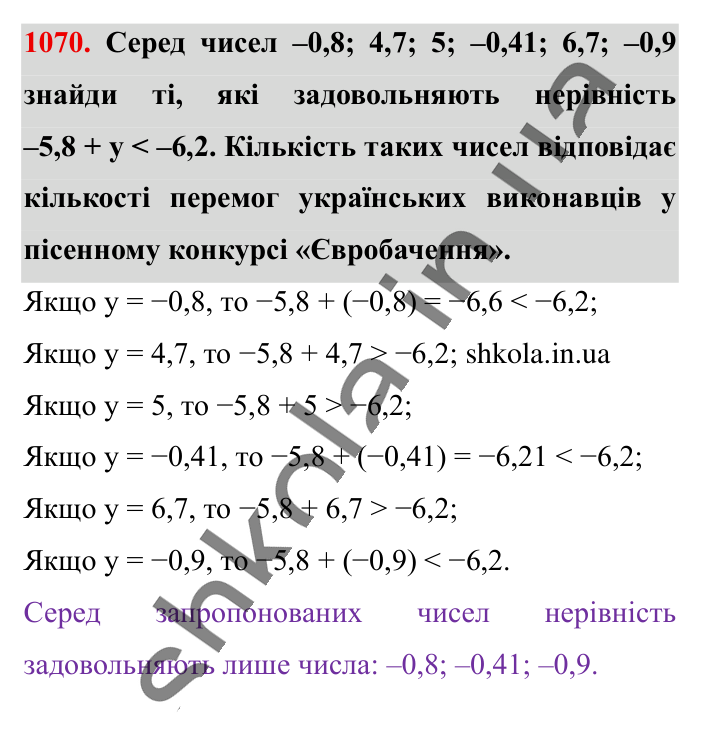 Додавання двох чисел..., завдання 1070 Відповідь до завдання 1070 (с. 41) з математики для 6 класу (Істер, 2023), частина 2: § 32. Додавання двох чисел з різними знаками
