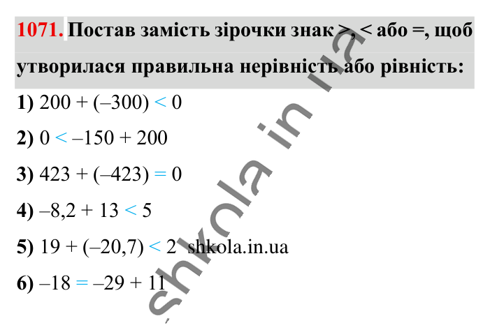 Відповідь до завдання 1071 (с. 41) з математики для 6 класу (Істер, 2023), частина 2: § 32. Додавання двох чисел з різними знаками
