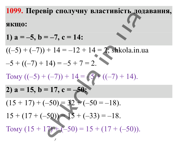 Відповідь до завдання 1099 (с. 46) з математики для 6 класу (Істер, 2023), частина 2: § 33. Властивості додавання