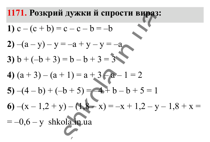 Відповідь до завдання 1171 (с. 58) з математики для 6 класу (Істер, 2023), частина 2: § 35. Розкриття дужок
