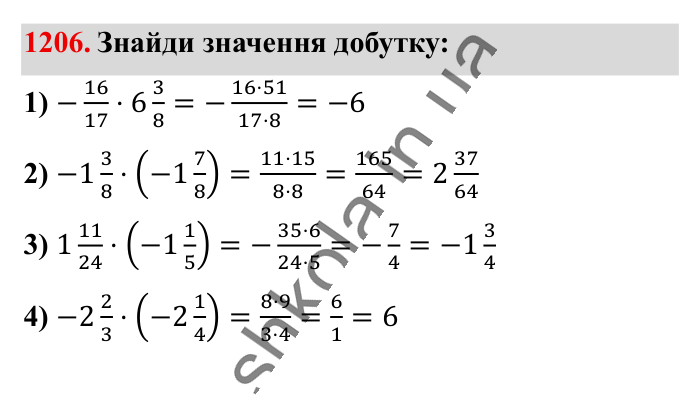 Відповідь до завдання 1206 (с. 67) з математики для 6 класу (Істер, 2023), частина 2: § 36. Множення раціональних чисел