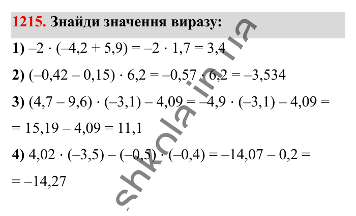 Відповідь до завдання 1215 (с. 68) з математики для 6 класу (Істер, 2023), частина 2: § 36. Множення раціональних чисел