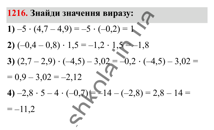 Відповідь до завдання 1216 (с. 68) з математики для 6 класу (Істер, 2023), частина 2: § 36. Множення раціональних чисел