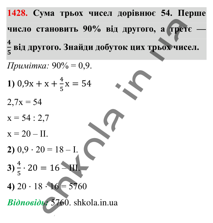 Відповідь до завдання 1428 (с. 106) з математики для 6 класу (Істер, 2023), частина 2: § 42. Розв’язування задач за допомогою рівнянь
