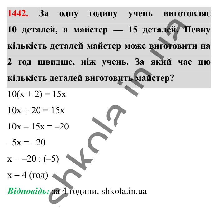 Відповідь до завдання 1442 (с. 108) з математики для 6 класу (Істер, 2023), частина 2: § 42. Розв’язування задач за допомогою рівнянь