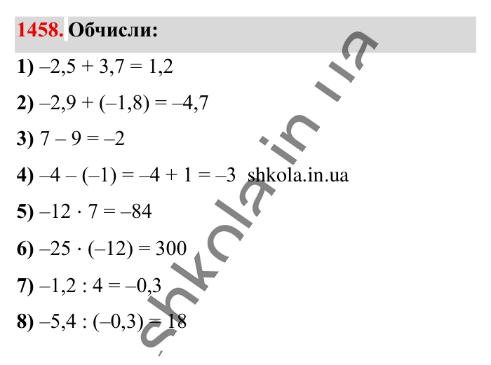Відповідь до завдання 1458 (с. 110) з математики для 6 класу (Істер, 2023), частина 2: § 43. Розв’язування вправ на всі дії з раціональними числами