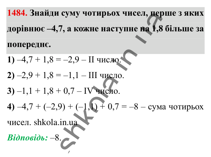 Відповідь до завдання 1484 (с. 114) з математики для 6 класу (Істер, 2023), частина 2: § 43. Розв’язування вправ на всі дії з раціональними числами