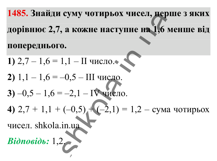 Відповідь до завдання 1485 (с. 114) з математики для 6 класу (Істер, 2023), частина 2: § 43. Розв’язування вправ на всі дії з раціональними числами