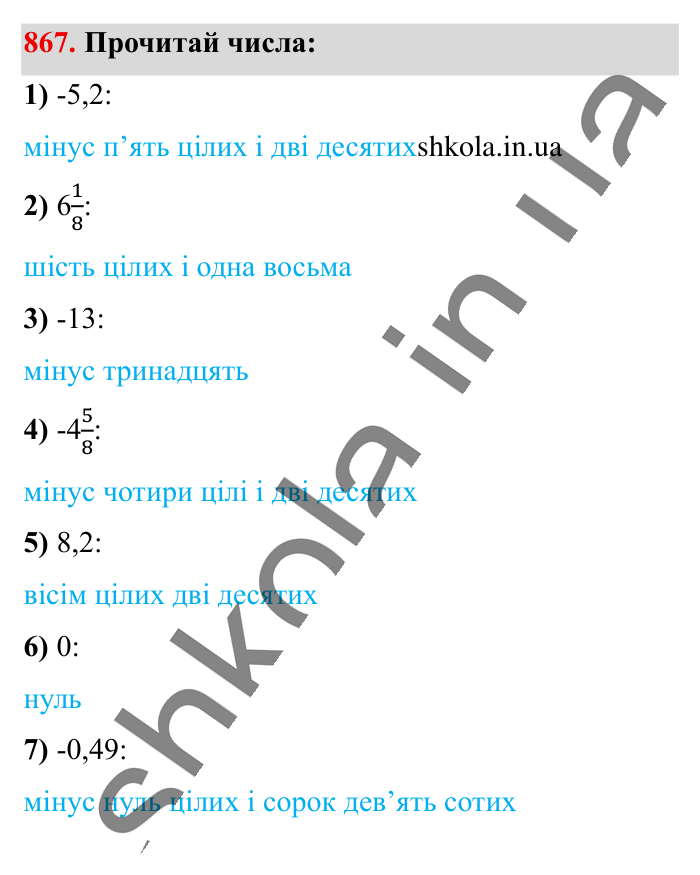 Відповідь до завдання 867 (с. 6) з математики для 6 класу (Істер, 2023), частина 2: § 26. Додатні та від’ємні числа. Число 0